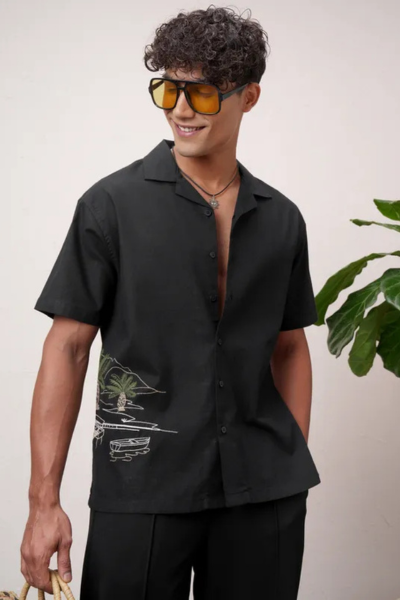 Black Embroidered Relaxed Fit Casual Shirt