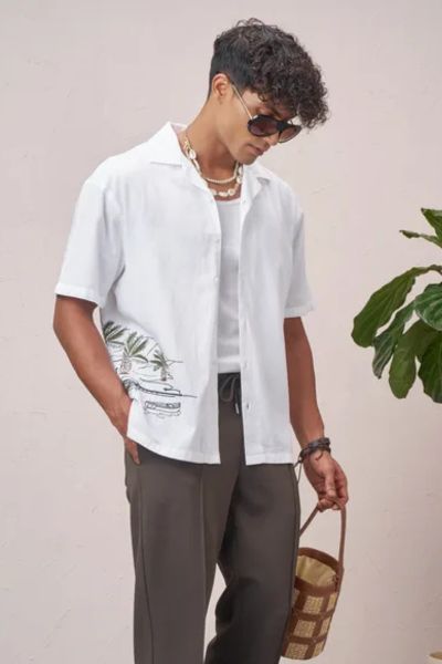 White Embroidered Relaxed Fit Casual Shirt