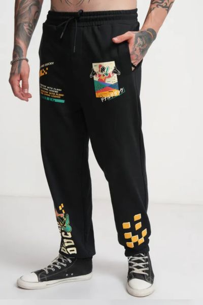 Men Black Donald Duck Printed Baggy Fit Joggers